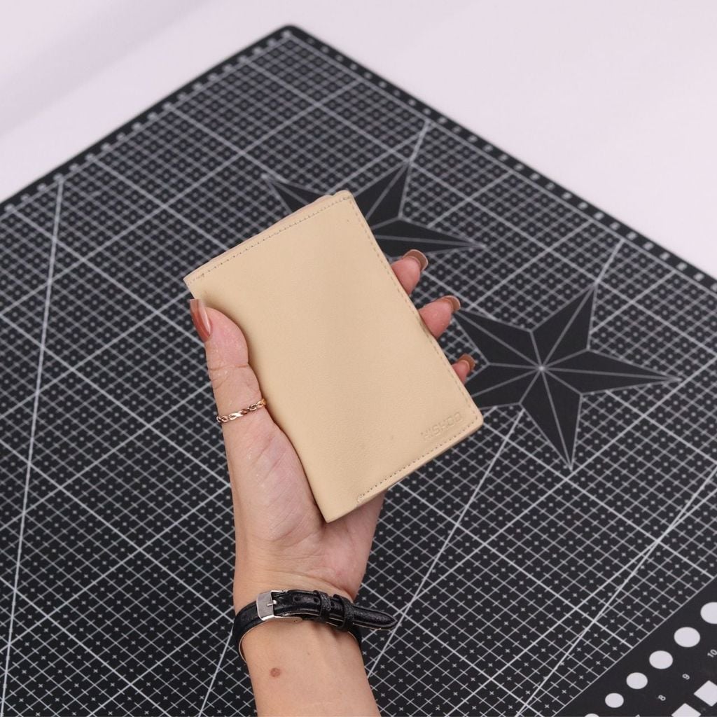 Ví Da Dáng Đứng Nam Nữ Đựng Thẻ [KEM] Alpha Da Bò Phụ Kiện Hishoo V004