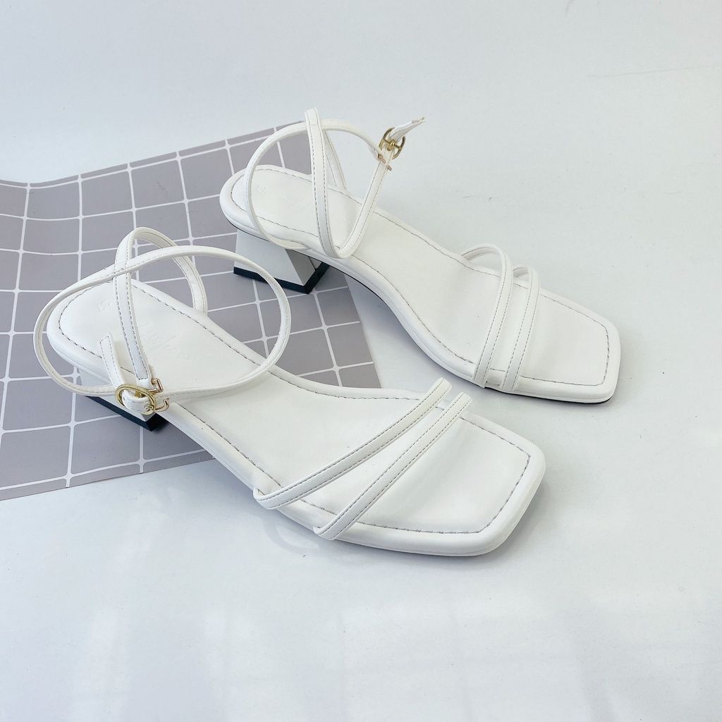 Giày Sandals Nữ Cao Gót 3cm Mũi Vuông Dây Mảnh Hishoo S143