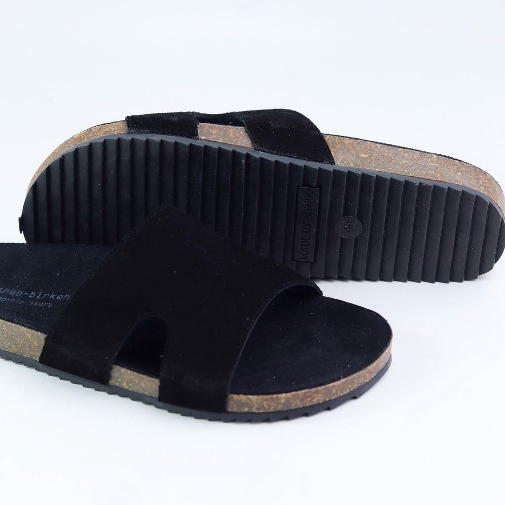 Dép đế trấu birken quai ngang chữ I da lộn HISHOO R100