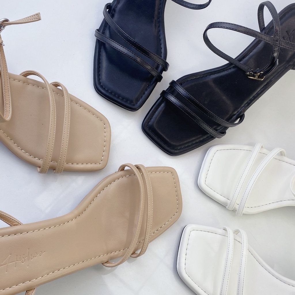 Giày Sandals Nữ Cao Gót 3cm Mũi Vuông Dây Mảnh Hishoo S143