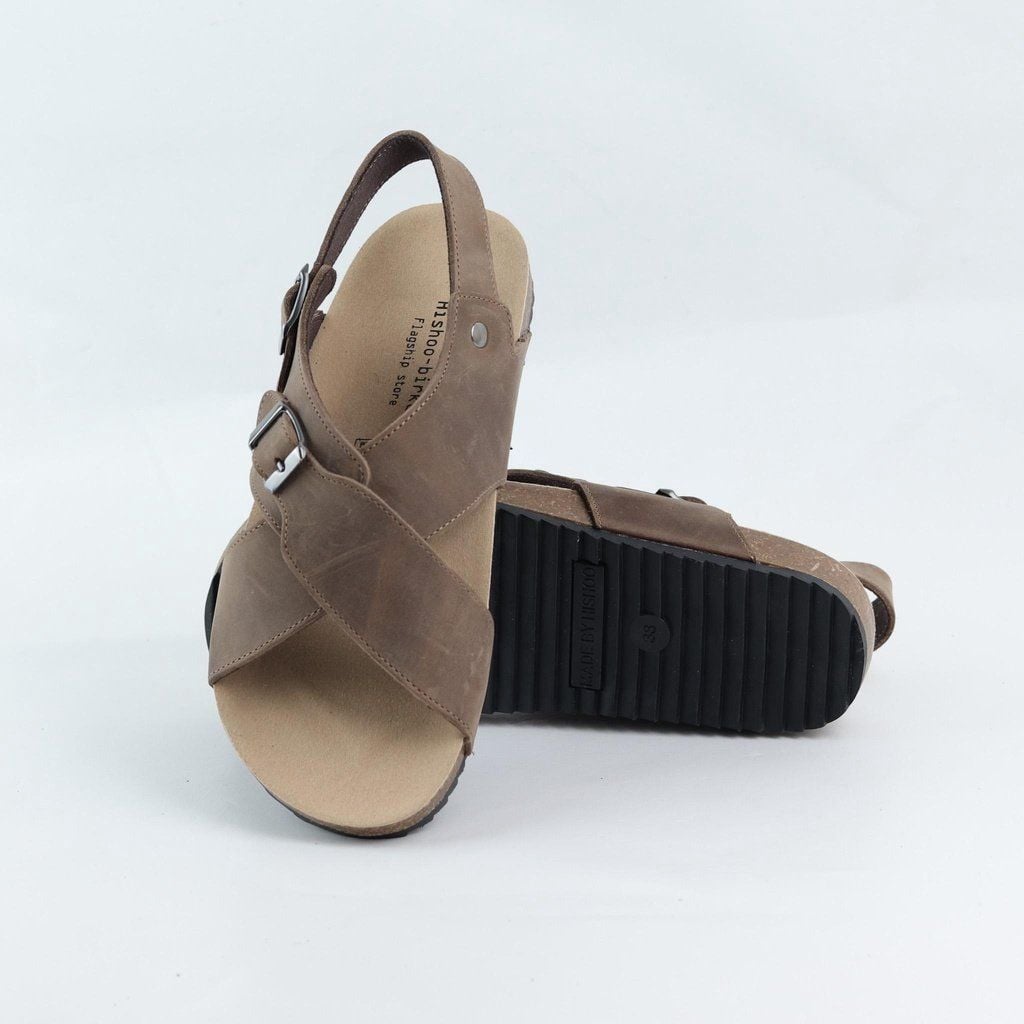Dép đế trấu Sandal birken quai ngang da bò HISHOO M101