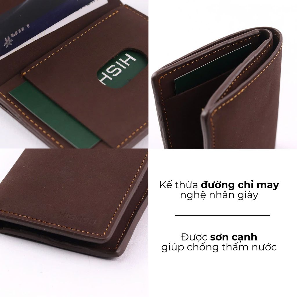Ví Da Dáng Đứng Nam Nữ Đựng Thẻ [NÂU] Alpha Da Bò Phụ Kiện Hishoo V004
