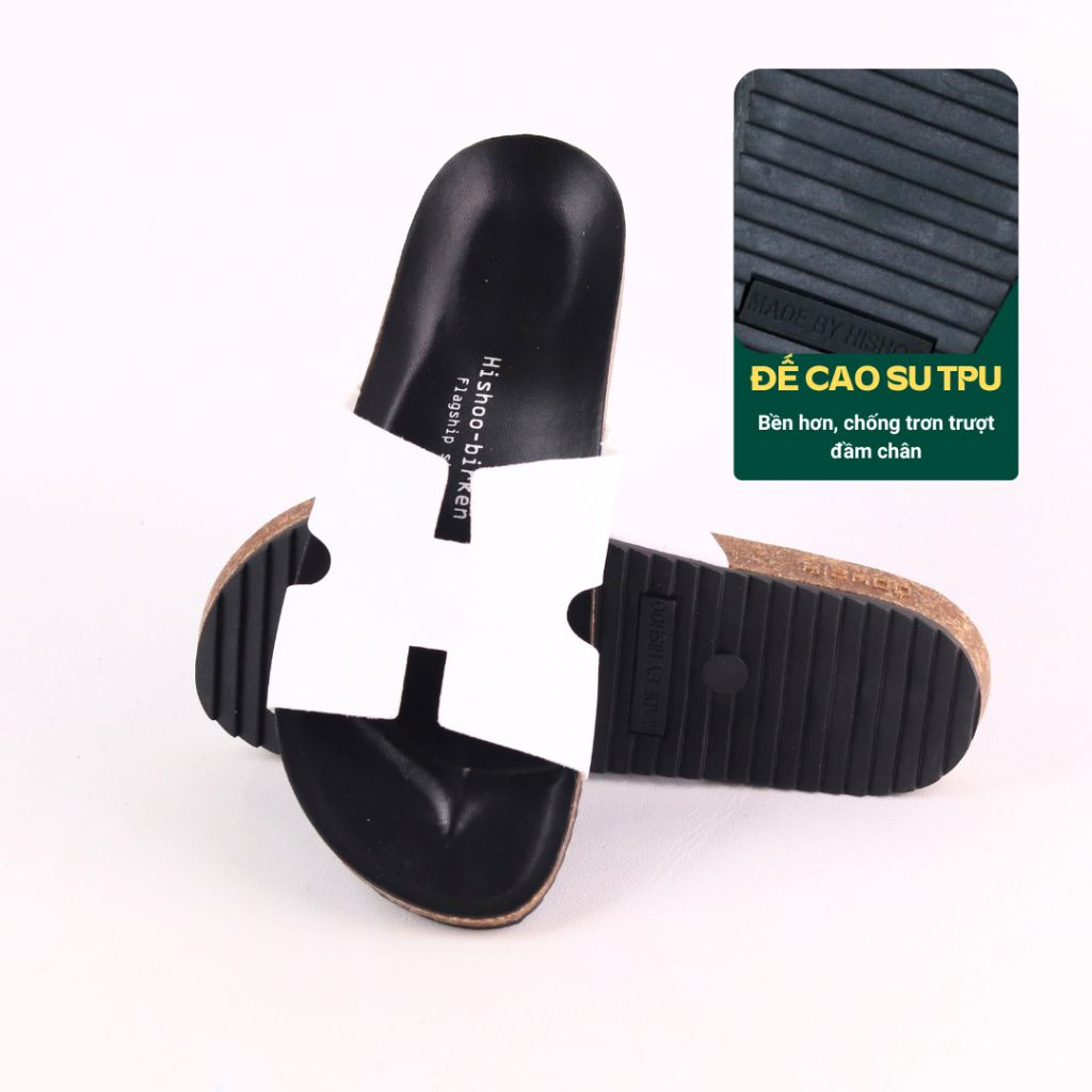 Dép đế trấu birken quai ngang chữ H MẶT ĐEN HISHOO S095