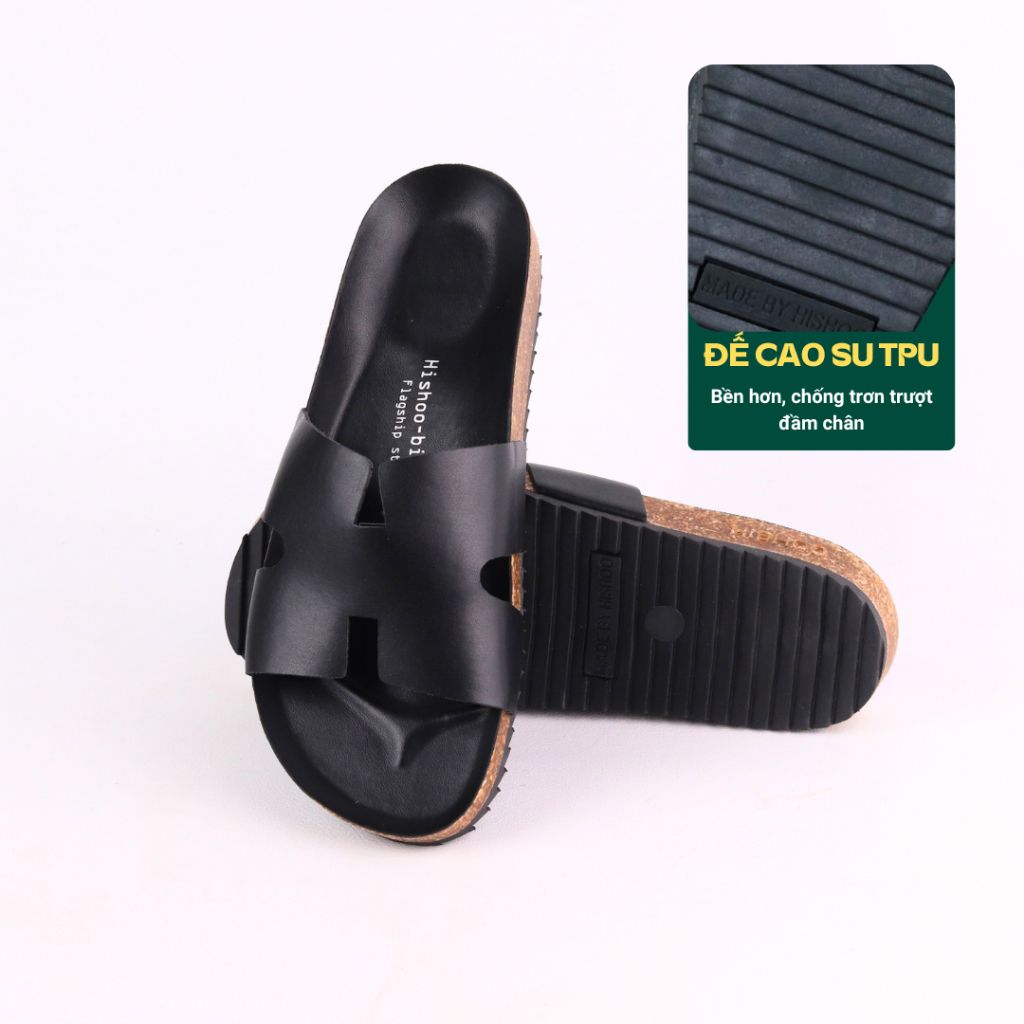 Dép đế trấu birken quai ngang chữ H MẶT ĐEN HISHOO S095