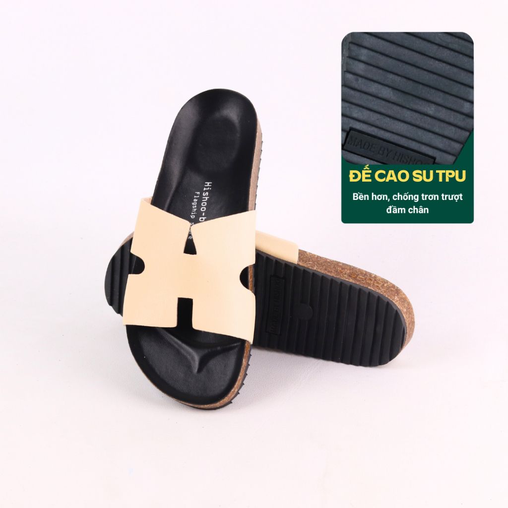 Dép đế trấu birken quai ngang chữ H MẶT ĐEN HISHOO S095