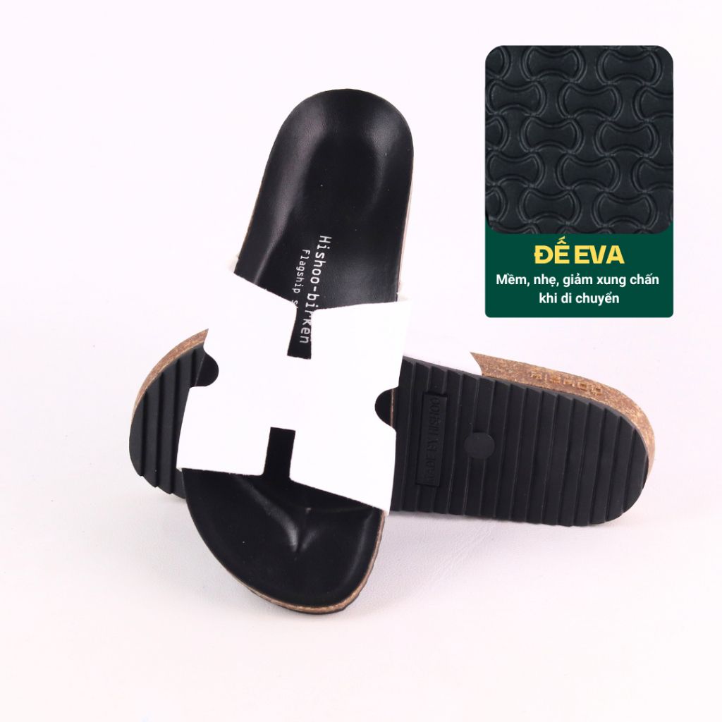 Dép đế trấu birken quai ngang chữ H MẶT ĐEN HISHOO S095