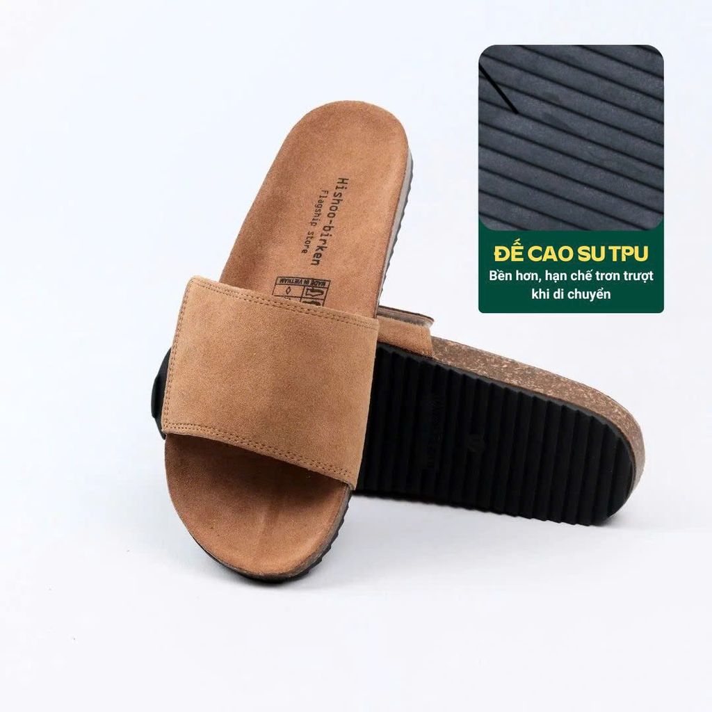 Dép đế trấu birken quai ngang Xé Dán da lộn HISHOO R103