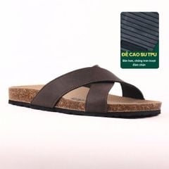 Dép đế trấu birken quai ngang chéo MẶT ĐEN da bò HISHOO M096