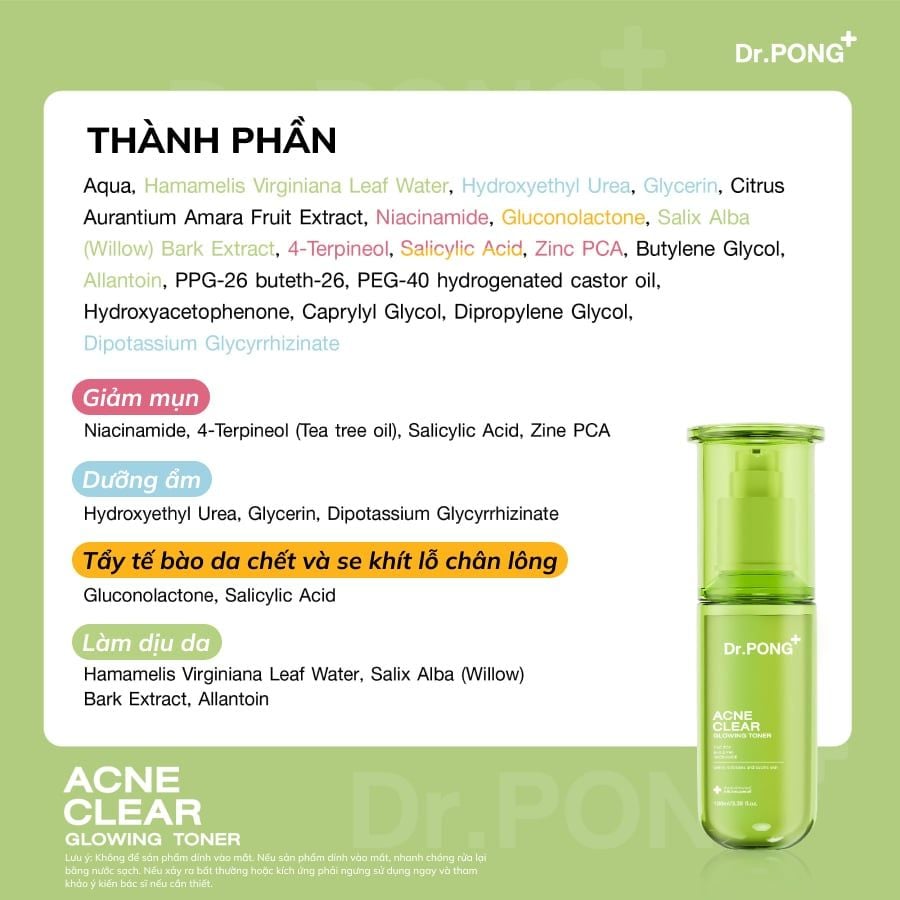  Toner giảm mụn, kiềm dầu Dr.PONG Acne Clear Glowing 100ml 