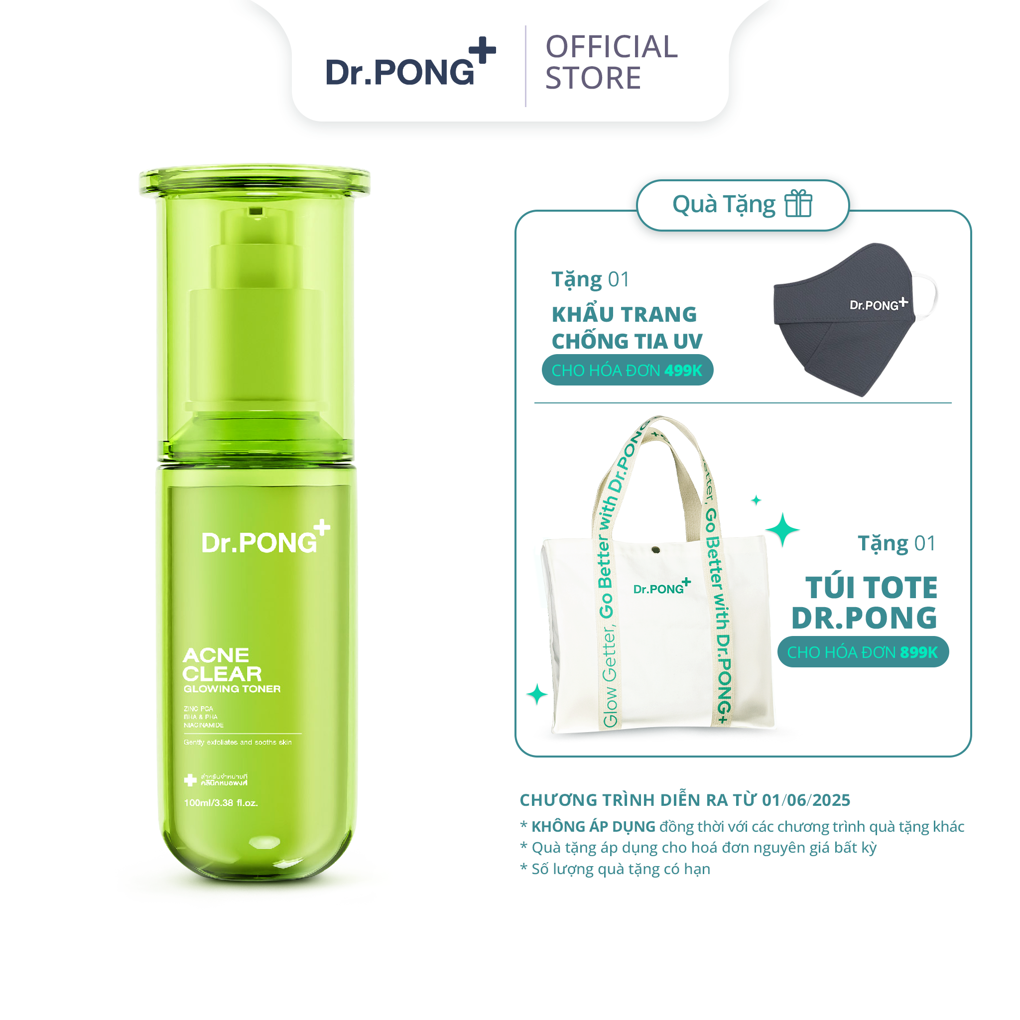  Toner giảm mụn, kiềm dầu Dr.PONG Acne Clear Glowing 100ml 