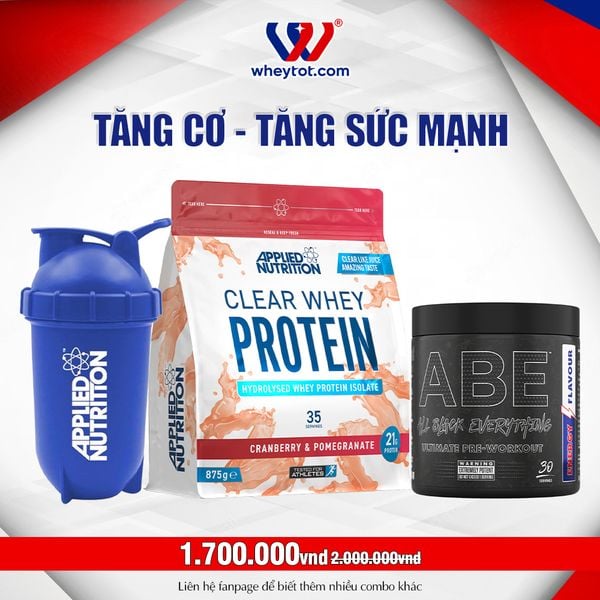 Combo Clear Whey 875gr + ABE Pre-Workout 315gr + Bình Lắc Applied