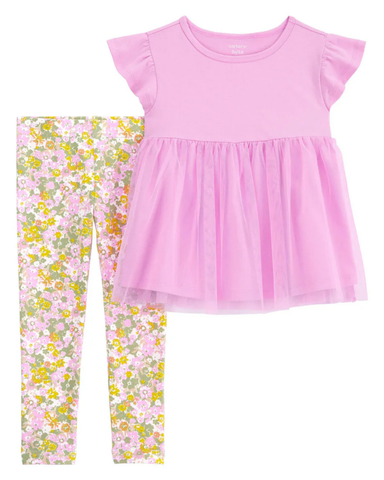 Set Áo Thun Bé Gái Màu Tím Kèm Quần Dài Hình Hoa Carter's 0-24M