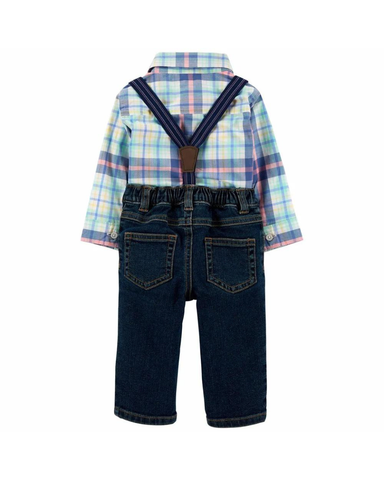 Set Bodysuit Sơ Mi Tay Dài Liền Quần Bé Trai Caro Kèm Quần Jean Dài Carter's 0-24M