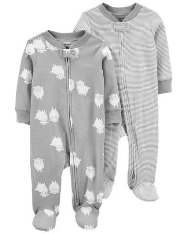 Set 2 Bodysuit Tay Dài Liền Quần Dài Màu Lông Chuột Hình Cừu Carter's 0-24M