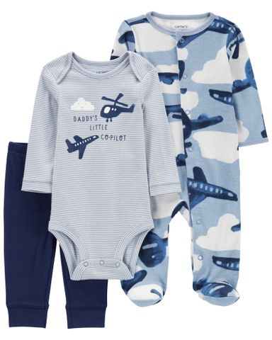 Set Gồm 2 Bodysuit Liền Quần Bé Trai Màu Xanh Kèm Quần Dài Carter's 0-24M