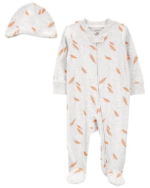 Set Bodysuit Liền Quần Dài Bé Màu Xám Hình Lông Vũ Kèm Nón Carter's 0-24M