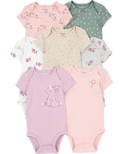 Set 7 Bodysuit Liền Quần Bé Gái Nhiều Màu Hình Hoa Và Con Thỏ Carter's 0-24M