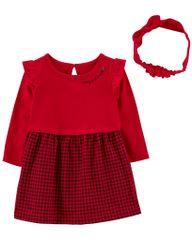 Set Đầm Bé Gái Màu Đỏ Chân Váy Ca Rô Kèm Băng Đô Carter's 0-24M