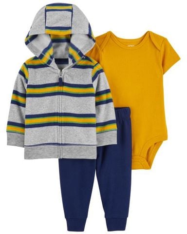 Set 3 Gồm Bodysuit Bé Trai Màu Vàng Kèm Quần Dài Xanh Và Áo Khoác Có Nón Màu Xám Carter's 0-24M