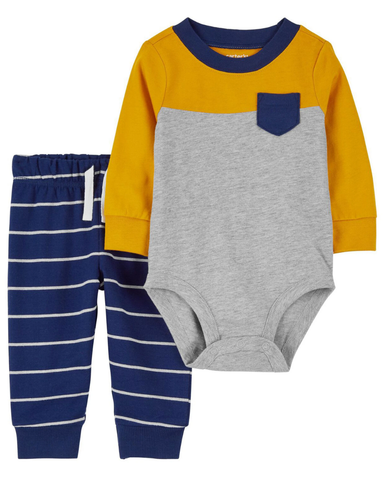 Set Bodysuit Liền Quần Bé Trai Màu Vàng Xám Kèm Quần Dài Xanh Dương Carter's 0-24M