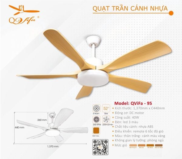  Quạt trần trang trí hiện đại cánh nhựa QVifa - 95 