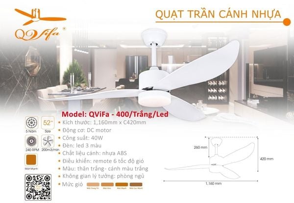  Quạt trần trang trí hiện đại cánh nhựa QVifa - 400/Trắng 