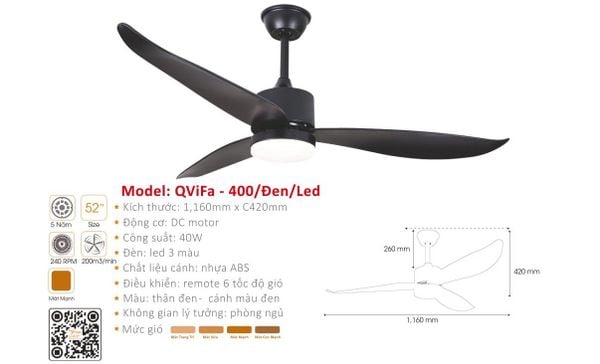  Quạt trần trang trí hiện đại cánh nhựa QVifa - 400/Đen 