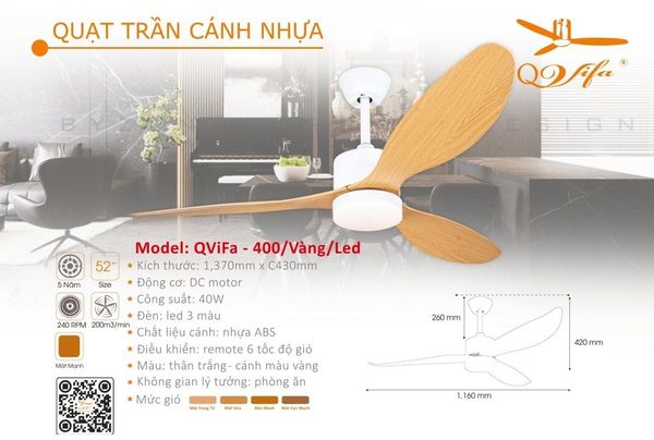  Quạt trần trang trí hiện đại cánh nhựa QVifa - 400/Vàng 