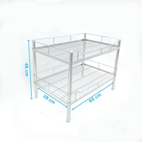  Kệ chén bát INOX 304 2 tầng 38x60x46 cm dụng cụ nhà bếp tiện lợi 