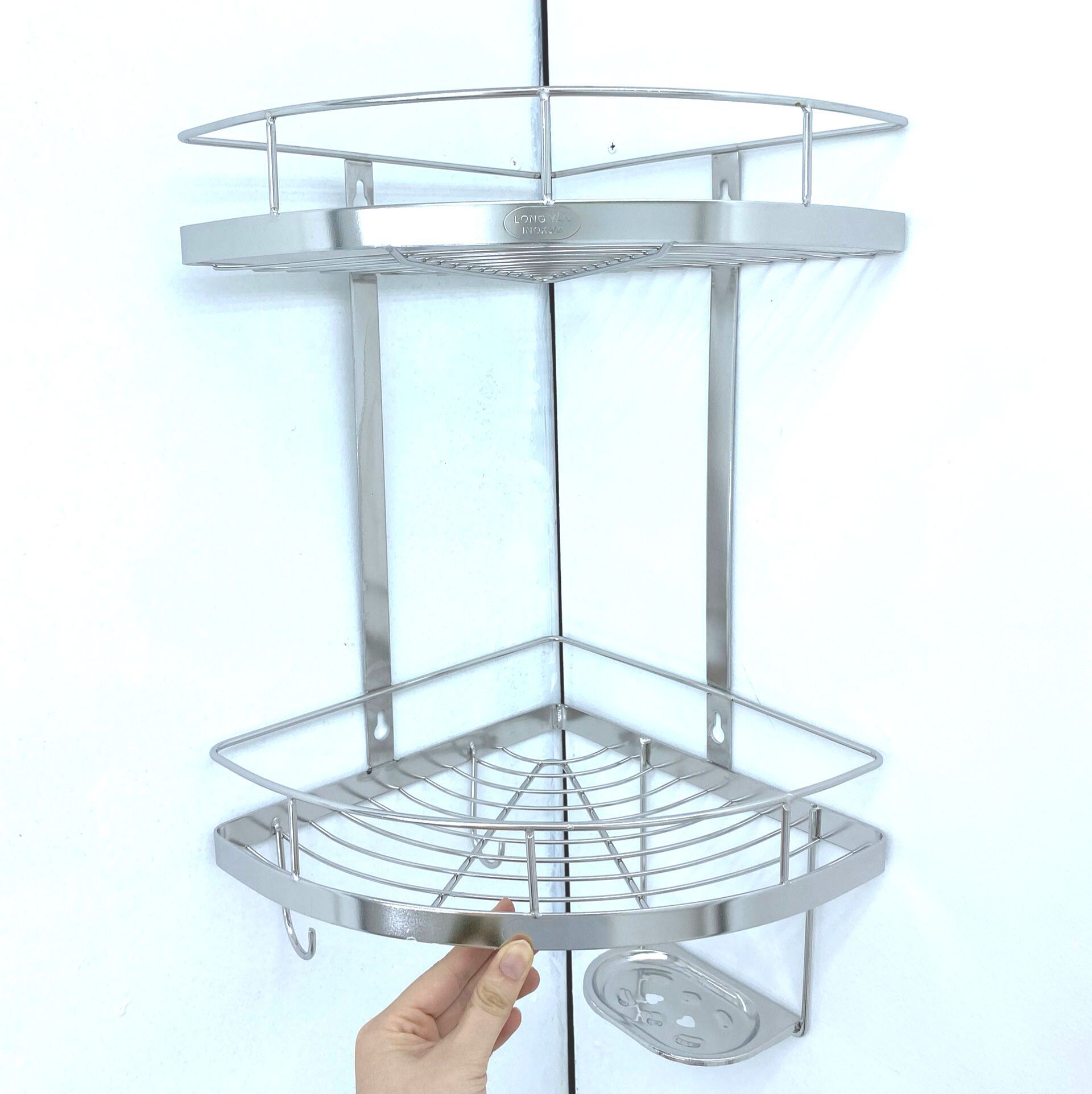  Kệ góc phòng tắm INOX 304 2 tầng có khay xà bông Inox Long Vân 