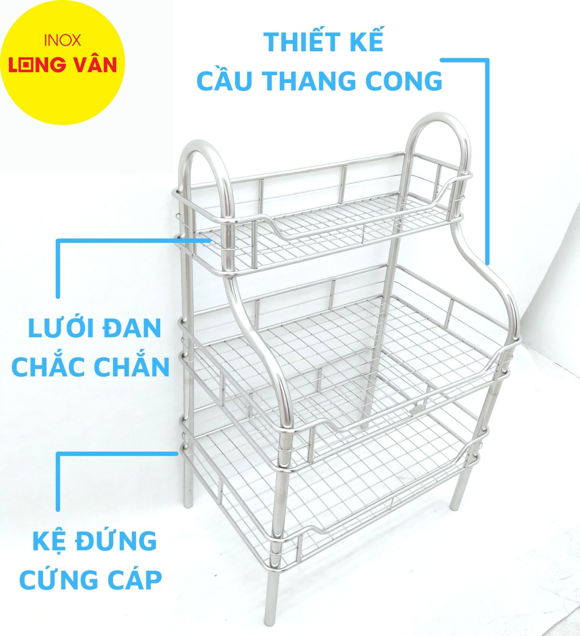  Kệ bếp INOX cao cấp cầu thang cong 3 tầng (40x60cm) kệ úp chén bát đĩa phòng bếp, có kệ gia vị, tặng kèm nút chân 