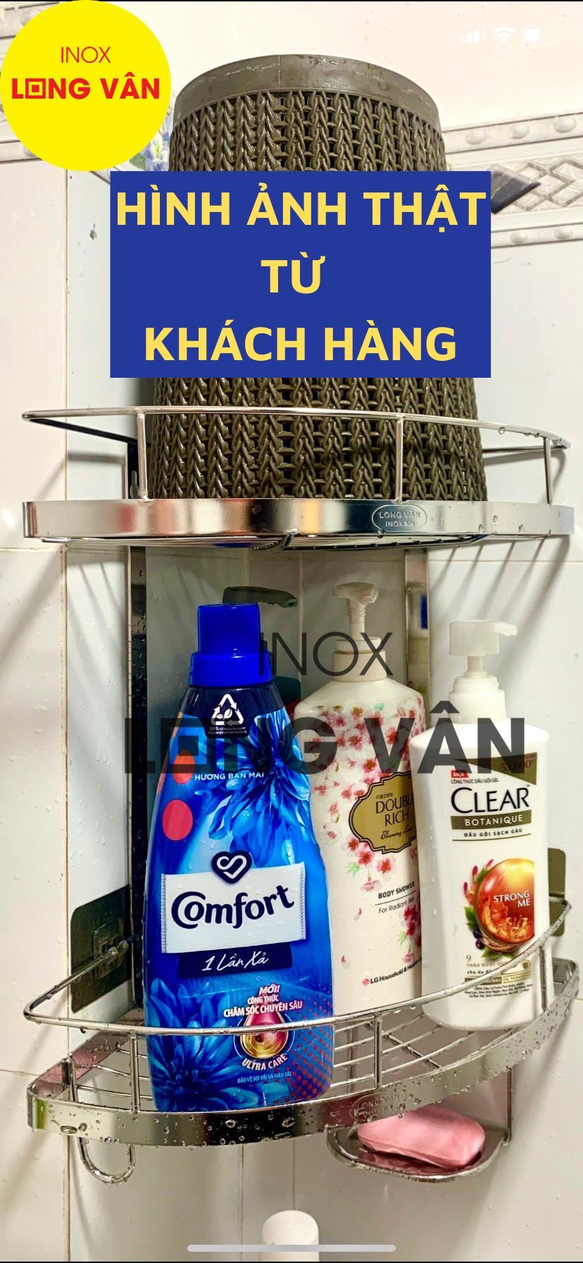  Kệ góc phòng tắm INOX 304 2 tầng có khay xà bông Inox Long Vân 