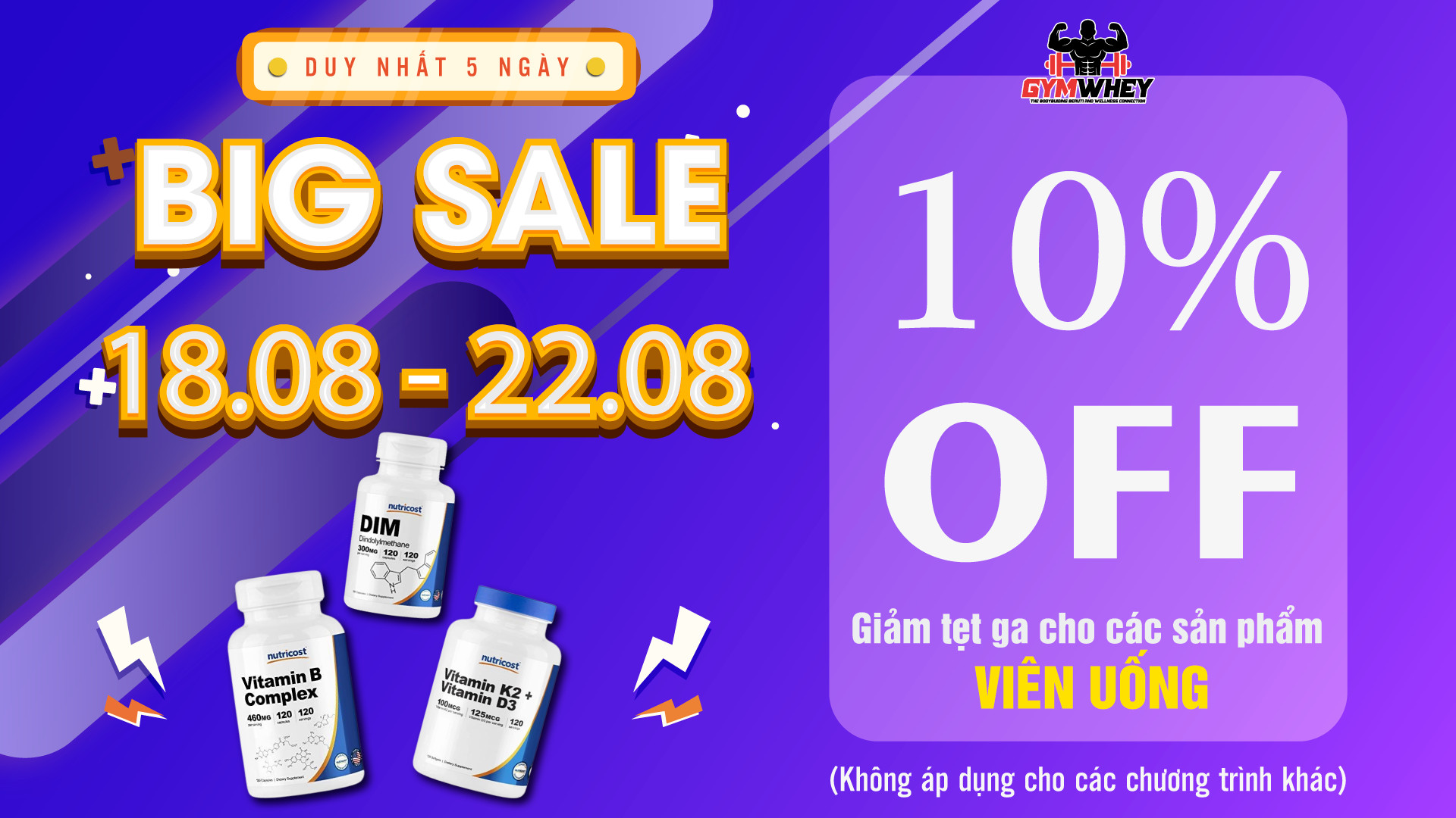 Gymwhey – Siêu Sale tháng 8 – Giảm giá 10% sản phẩm viên uống