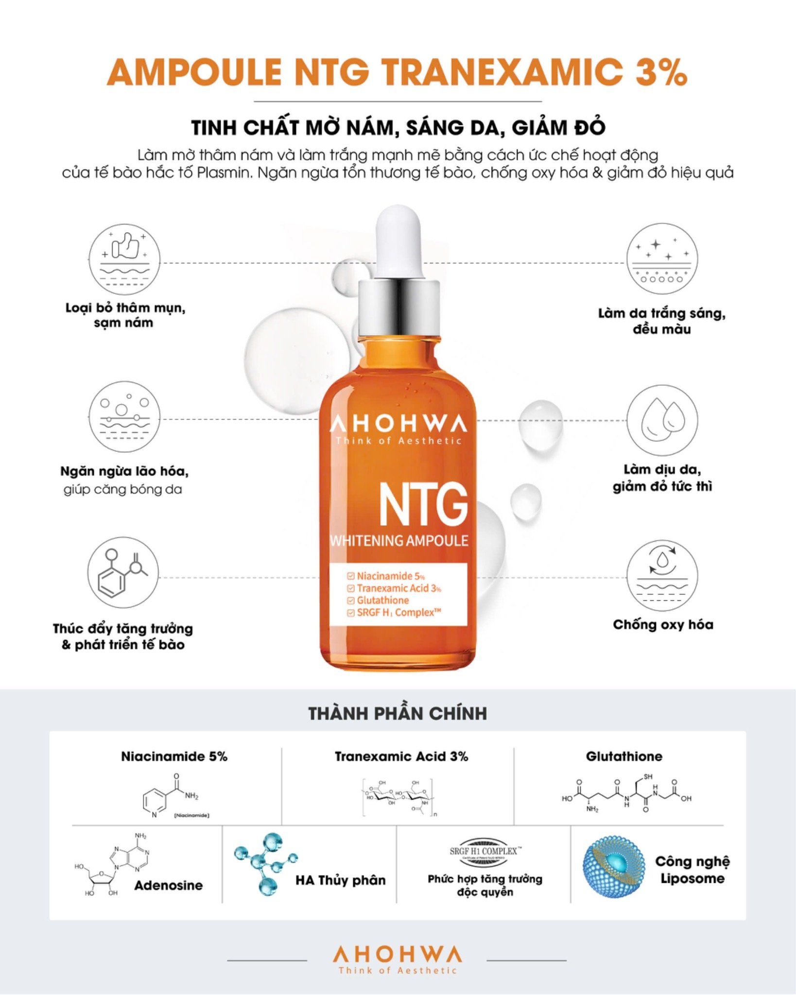  Tinh chất dưỡng trắng, giảm nám Ampoule NTG Tranexamic 3% (50ml) 