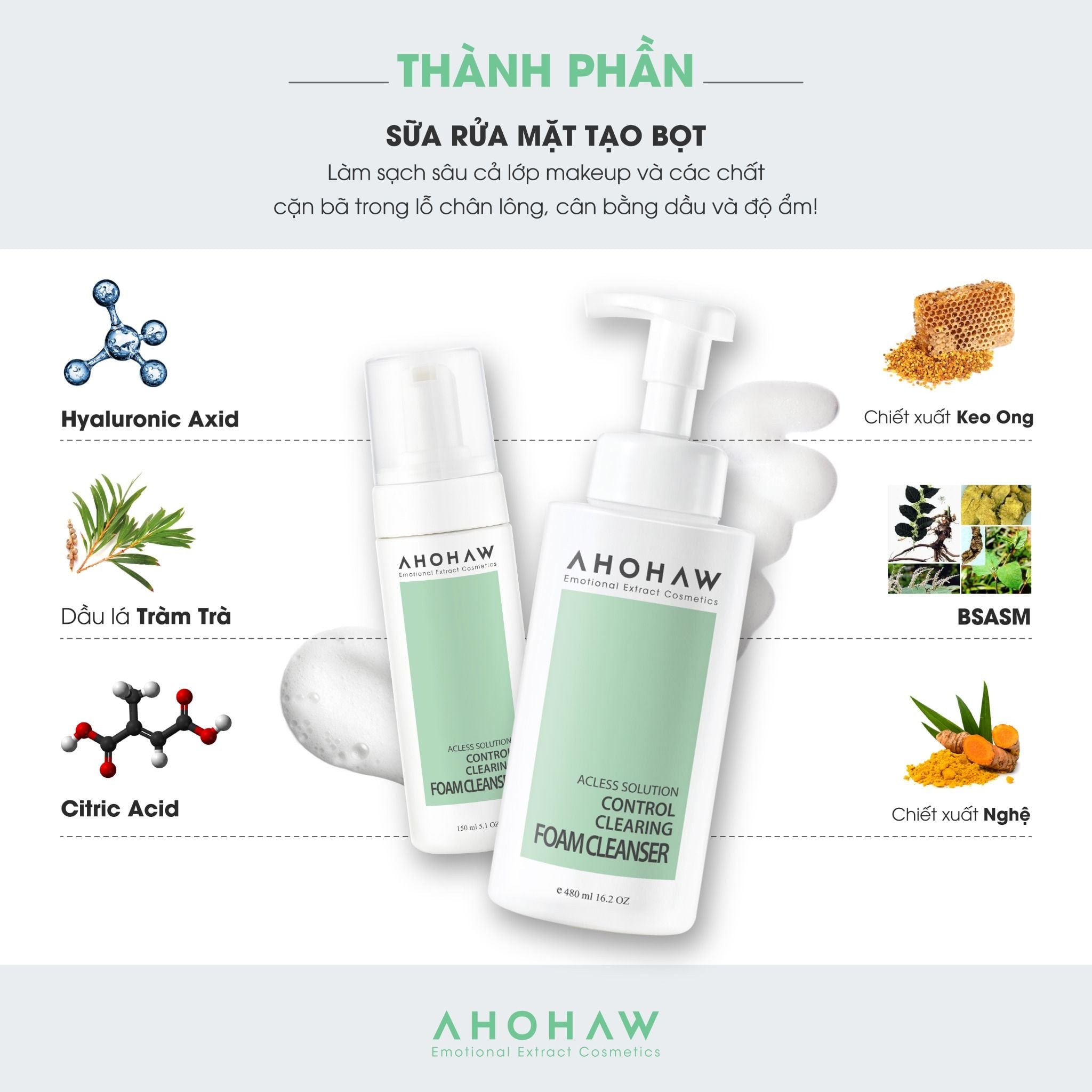  Sữa Rửa Mặt Tạo Bọt Kiềm Dầu Ahohwa Control Clearing Foam Cleanser (150ml/480ml) 