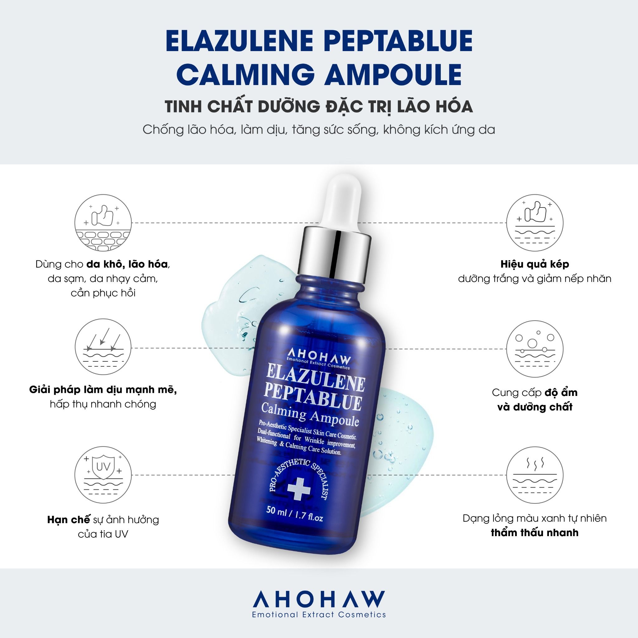  Tinh Chất Chống Lão Hóa, Làm Dịu Ahohwa Elazulene Peptablue Calming Ampoule (50ml) 