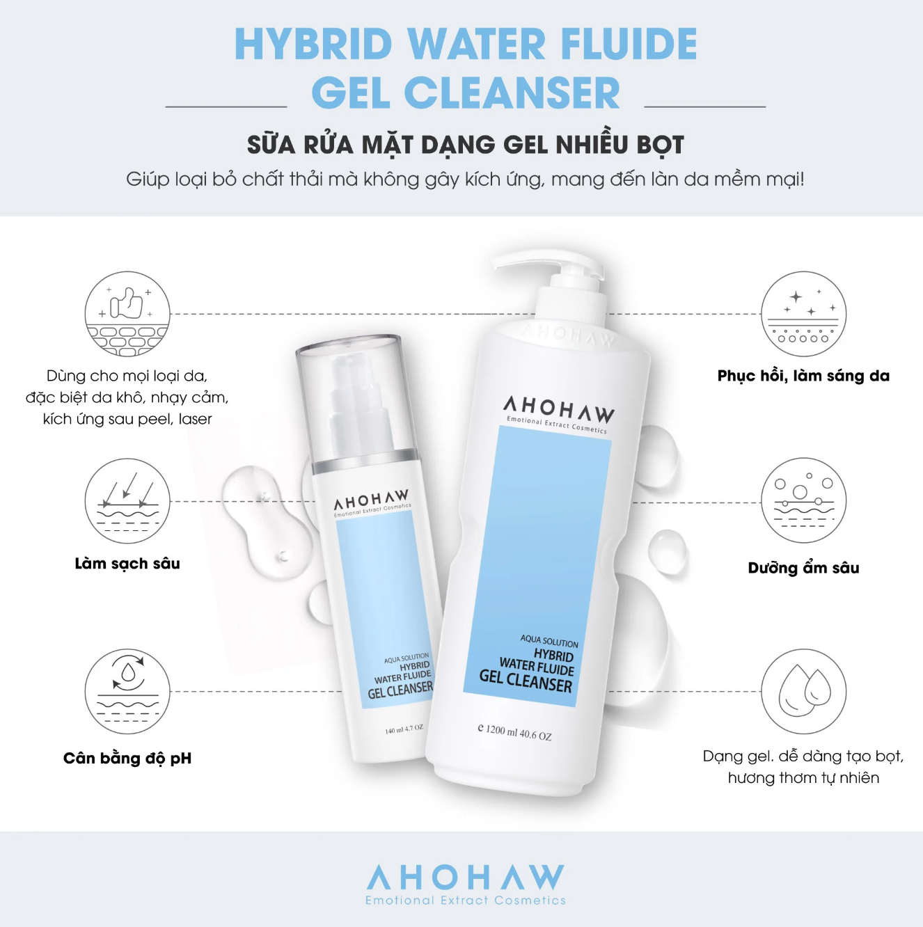  Gel Rửa Mặt Cấp Ẩm Ahohwa Hybrid Water Fluide Gel Cleanser (140ml/1000ml) 