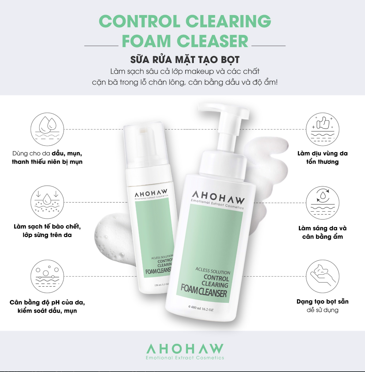  Sữa Rửa Mặt Tạo Bọt Kiềm Dầu Ahohwa Control Clearing Foam Cleanser (150ml/480ml) 