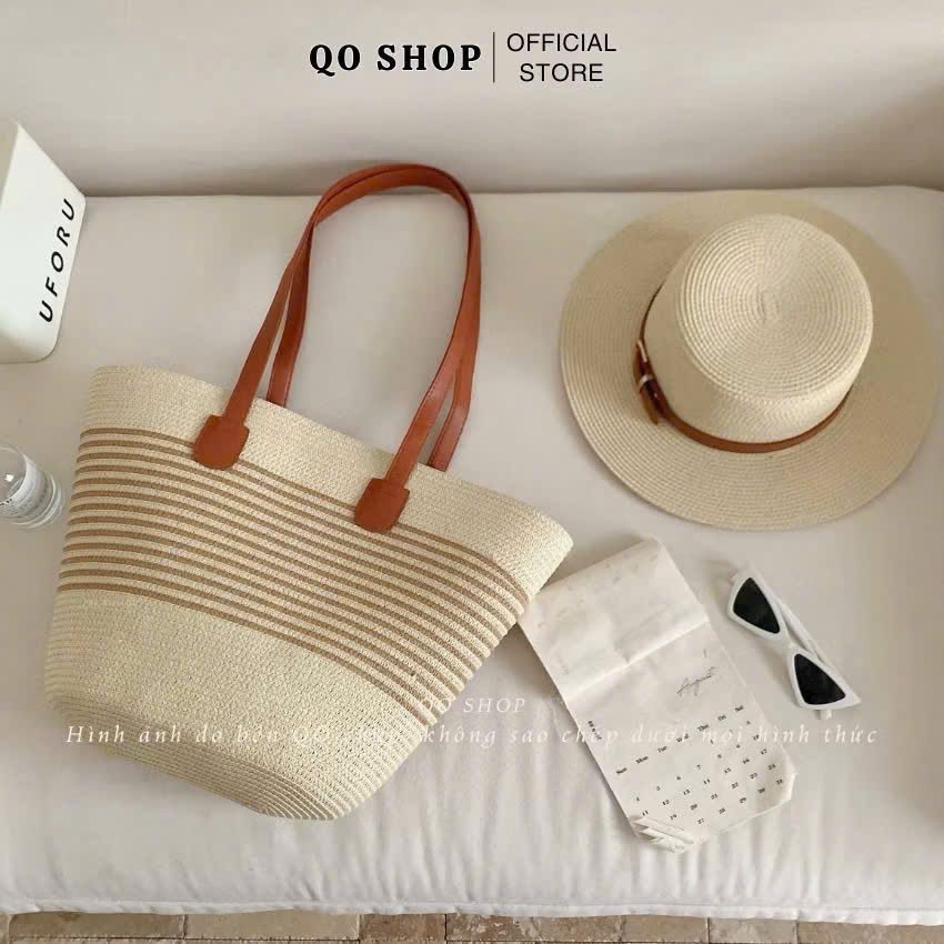  Túi mũ cói đi biển phối đai da 