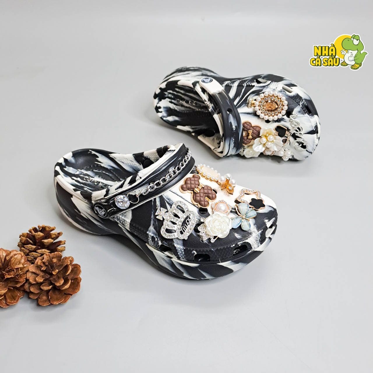  Dép sục cross classic marble platform camo loang đen trắng đế cao 5 phân nam nữ 