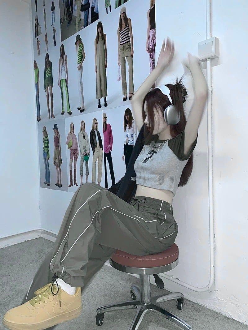  Quần jogger nữ dù ống rộng phối line 