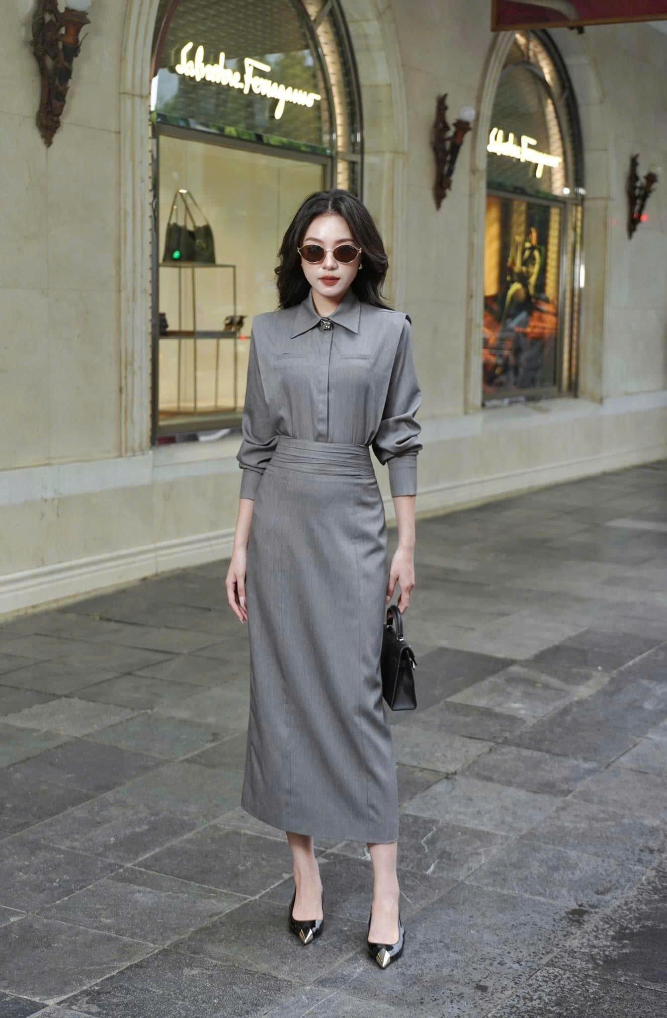  Set váy sơ mi phối chân váy dài 
