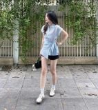  Sơ mi tay ngắn buộc lệch kẻ thô 