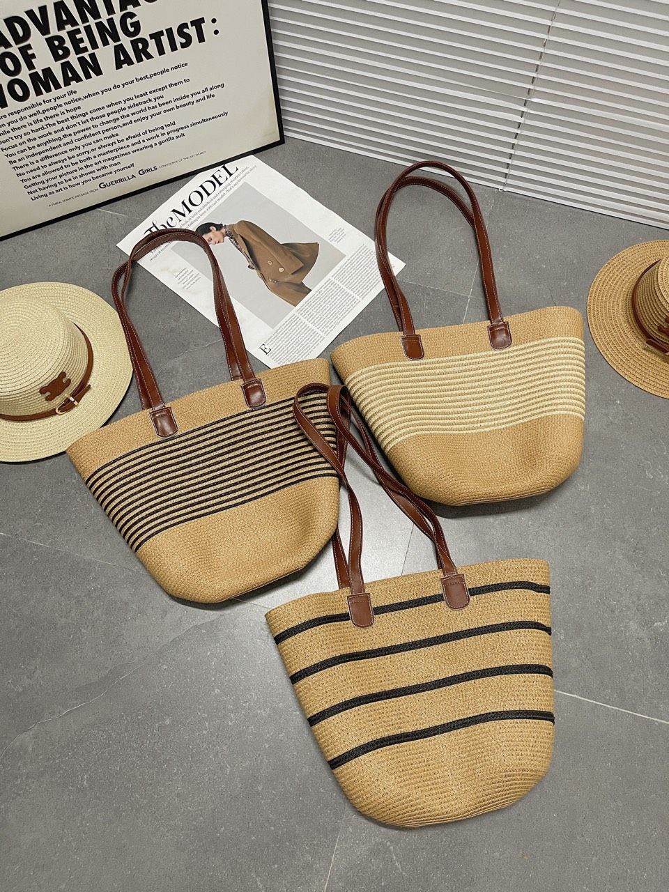  Túi mũ cói đi biển phối đai da 