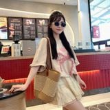  Túi mũ cói đi biển phối đai da 