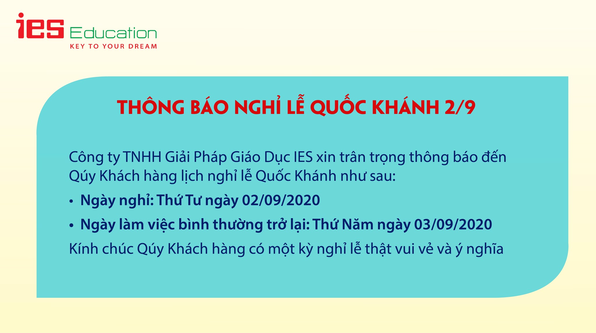 Thông báo nghỉ lễ Quốc khánh 2/9 của IES Education