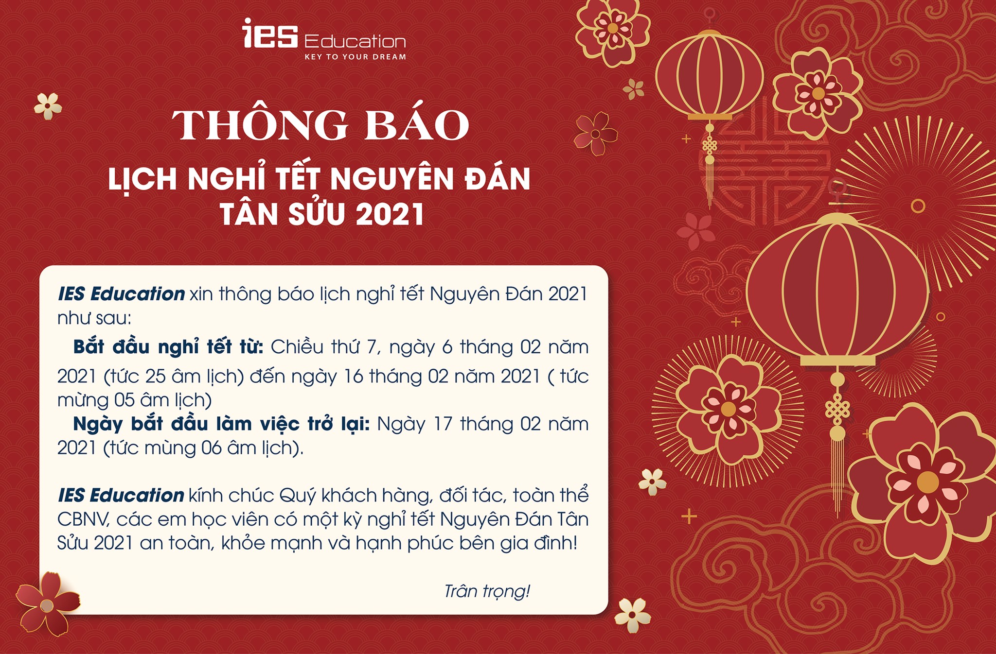 Thư chúc tết 2021 và thông báo Lịch nghỉ tết Tân Sửu - IES Education