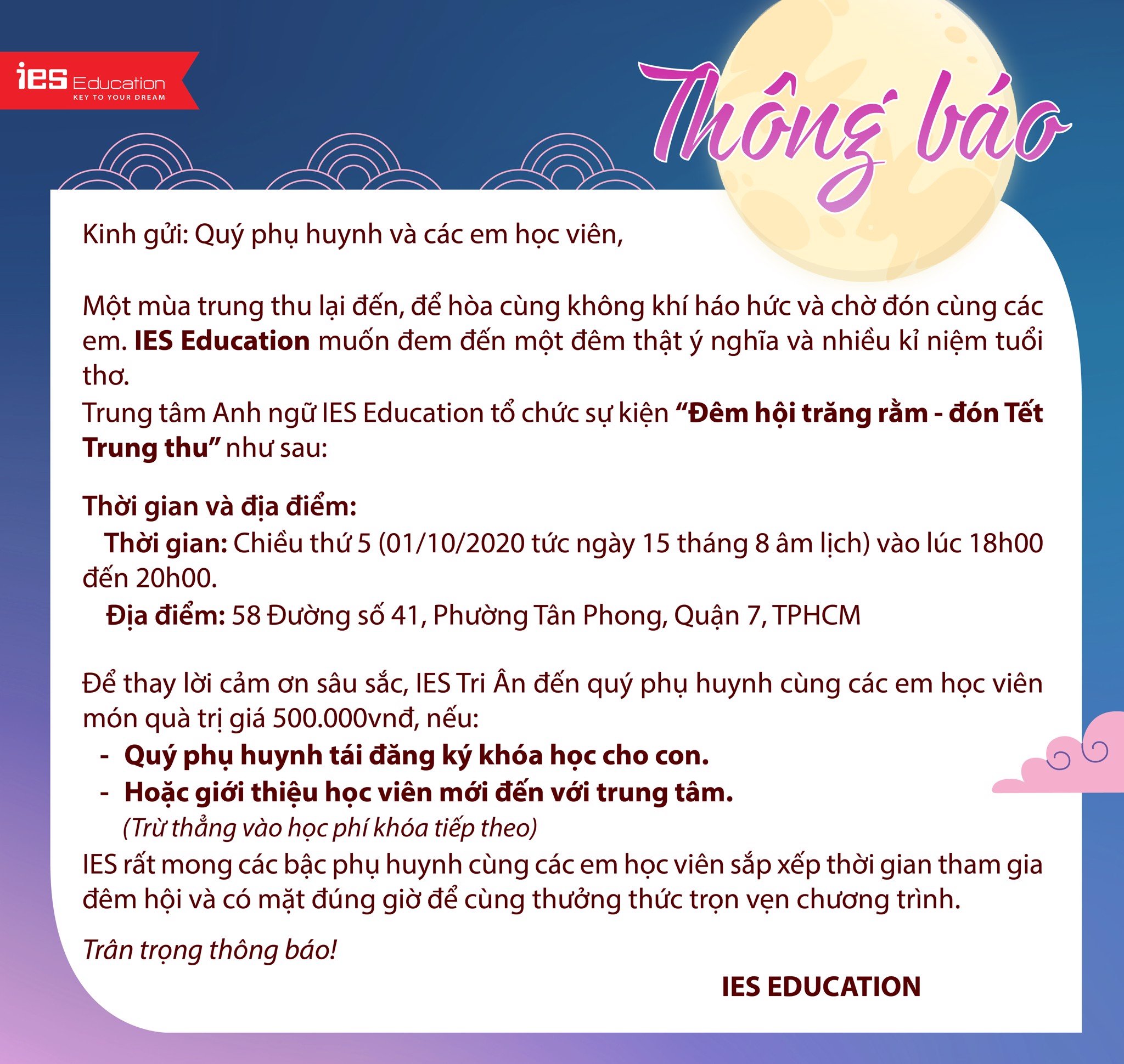 Thông báo tổ chức trung thu - IES Education