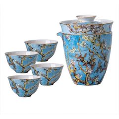  Bộ chén trà sứ xương hoạ tiết vẽ tay phỏng theo tranh nhành hoa hạnh nhân VanGogh 