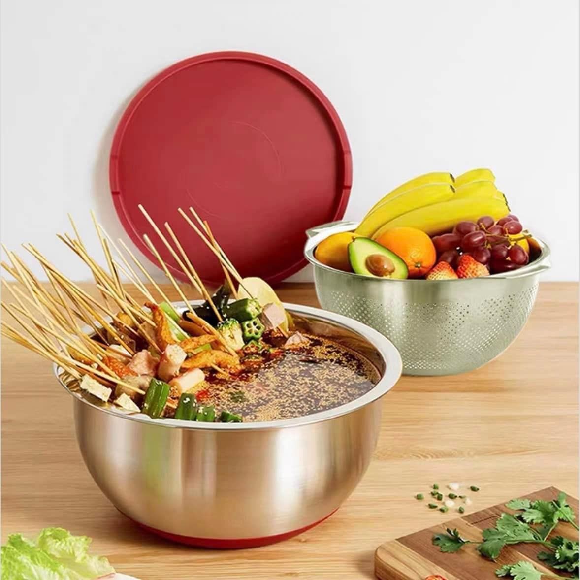 Bộ âu và rổ 4 món Tramontina inox 304 kèm nắp